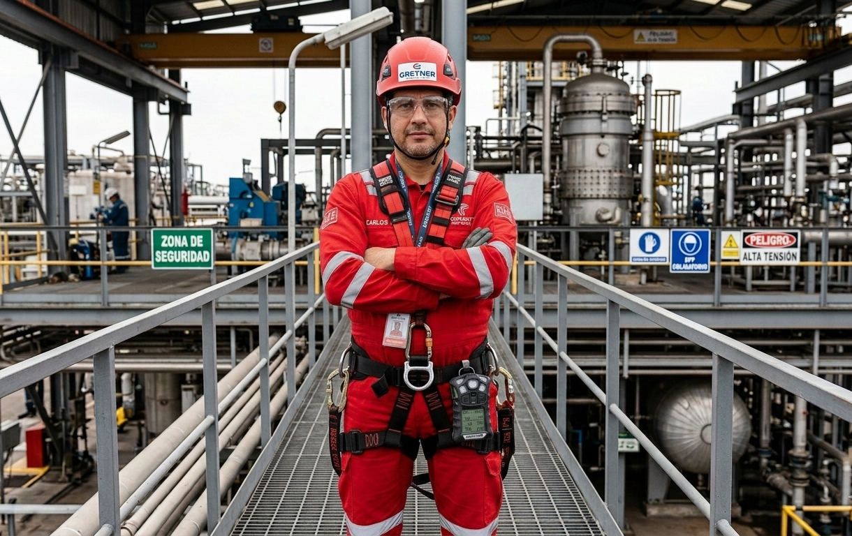 Trabajador en equipo de refinería de petróleo con casco y arnés de seguridad frente a maquinaria industrial