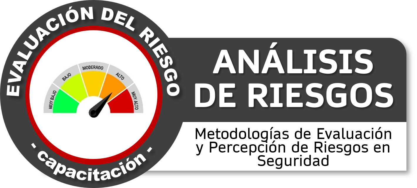Gráfico de un medidor de niveles de riesgo, mostrando riesgo alto en color naranja y muy alto en rojo, en la portada de un folleto sobre análisis de riesgos, con texto que dice 'Evaluación del Riesgo - Capacitación' y un título que dice 'Análisis de Riesgos', además de un subtítulo que indica metodologías de evaluación y percepción de riesgos en seguridad.