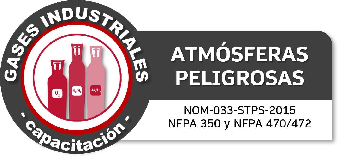 Etiqueta de advertencia sobre gases industriales peligrosos con símbolos de oxígeno, óxido nitroso y argón, con información normativa y sobre capacitación.