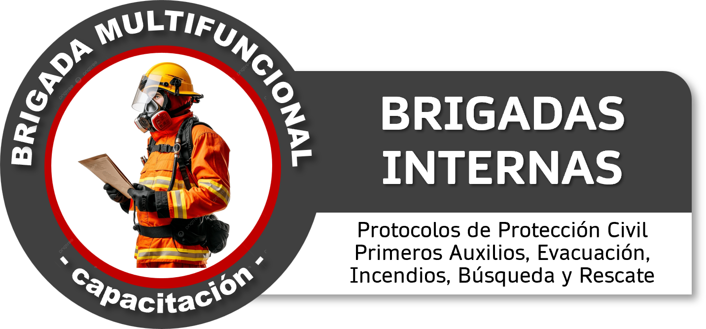 Logo de la Brigada Internacional de Capacitación en protección civil con un bombero con equipo de protección y casco en el centro, y texto en español que menciona protocolos de protección civil, primeros auxilios, evacuación, incendios, búsqueda y rescate.
