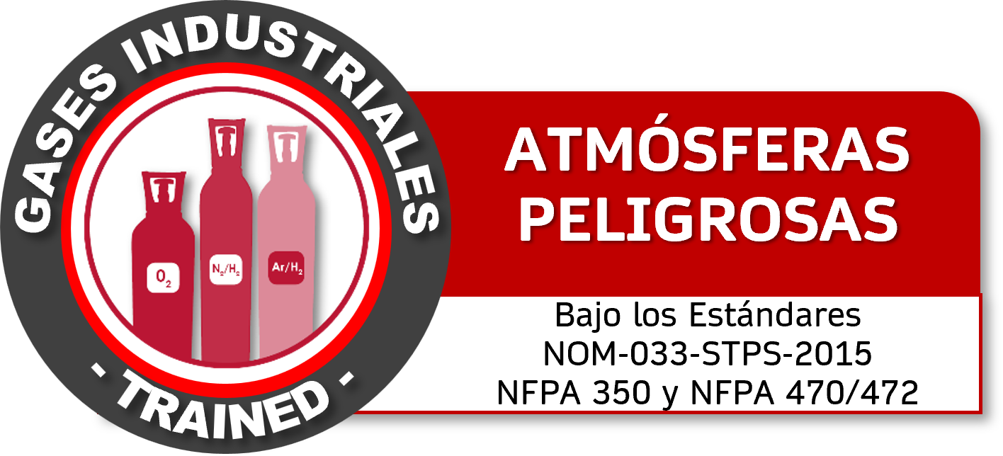 Aviso sobre gases industriales peligrosos, con símbolos de oxígeno, nitrógeno e hidrógeno, y texto que indica estándares de seguridad y advertencia.