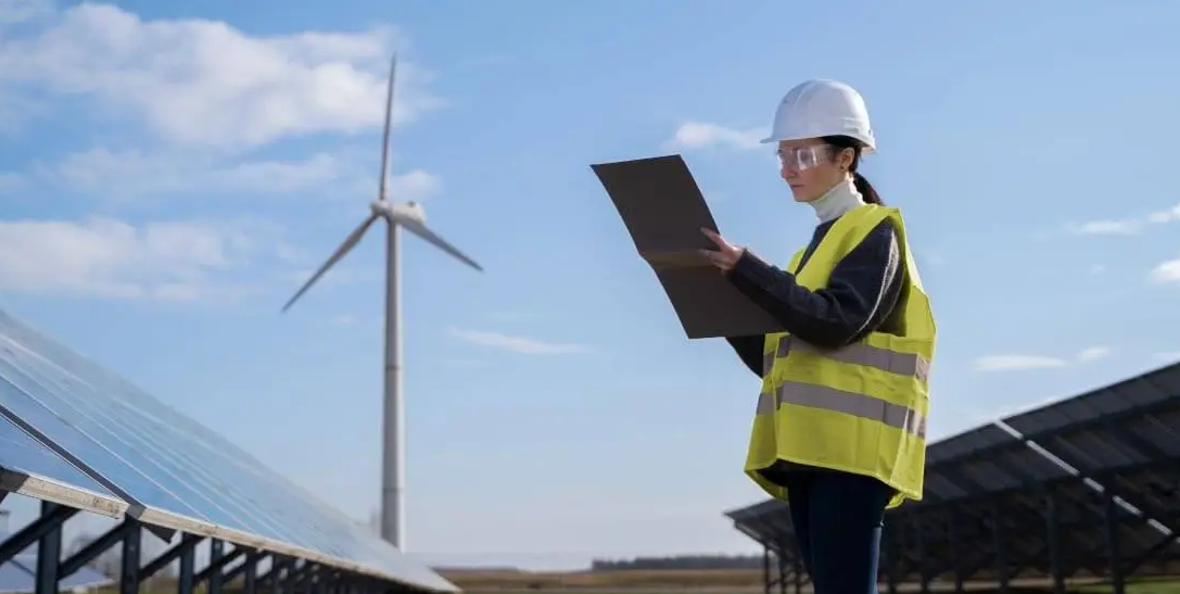 Mujer con casco y chaleco reflectante inspeccionando paneles solares y aerogenerador en campo de energía renovable
