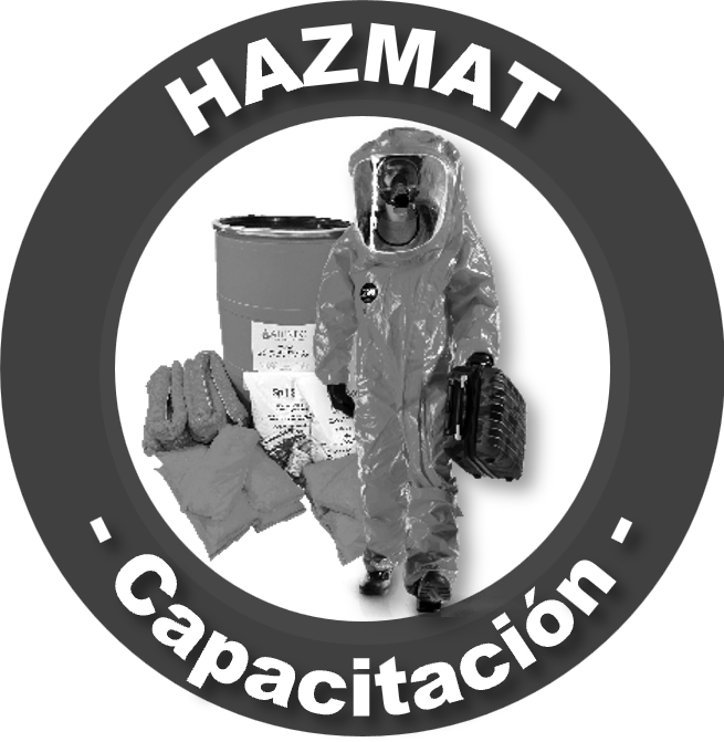 Símbolo de advertencia de sustancias peligrosas y entrenamiento en manejo de materiales peligrosos, incluyendo equipo de protección personal y materiales de capacitación.