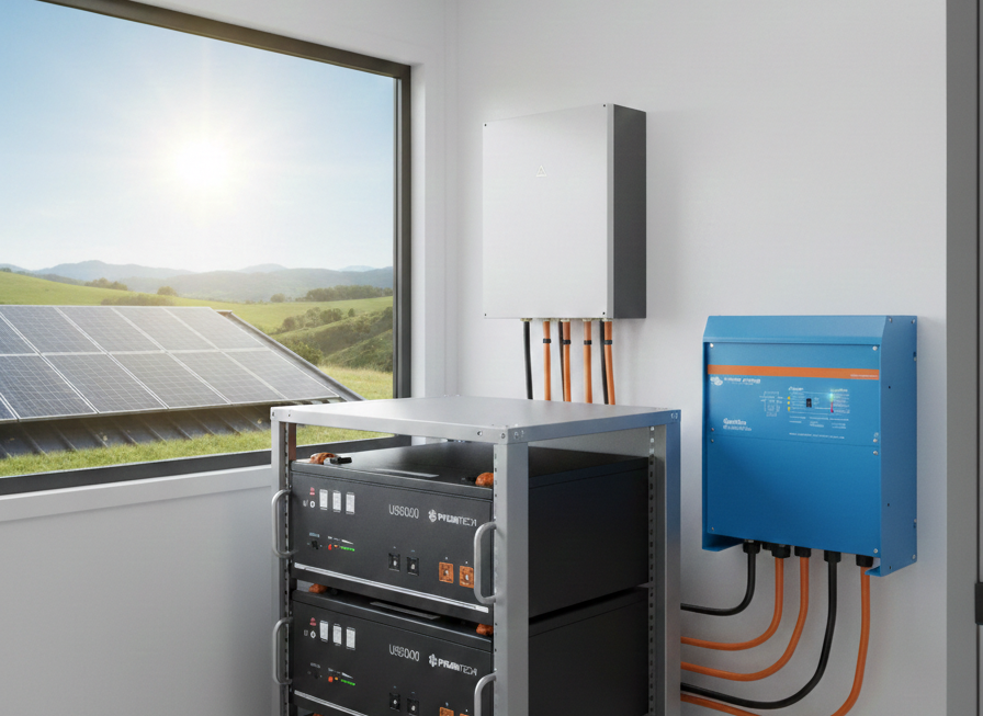 Sala con inversor de energía y paneles solares en vista exterior