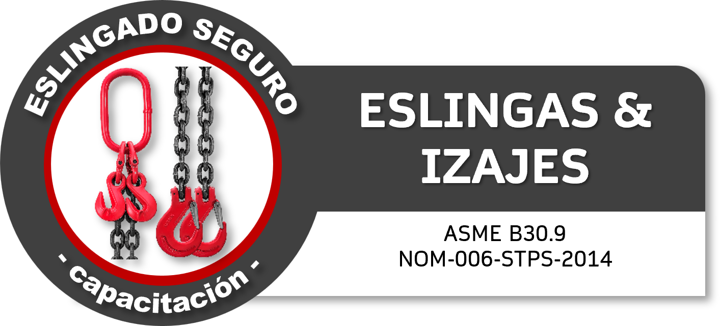 Etiqueta de seguridad que muestra eslingas resistentes, una roja y una negra, con ganchos, y texto en español sobre normas de seguridad y capacitación.