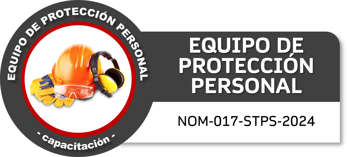 Etiqueta con equipo de protección personal, casco, guantes, protectores auditivos y gafas de seguridad, y texto que dice 'Equipo de protección personal, NOM-017-STPS-2024'.