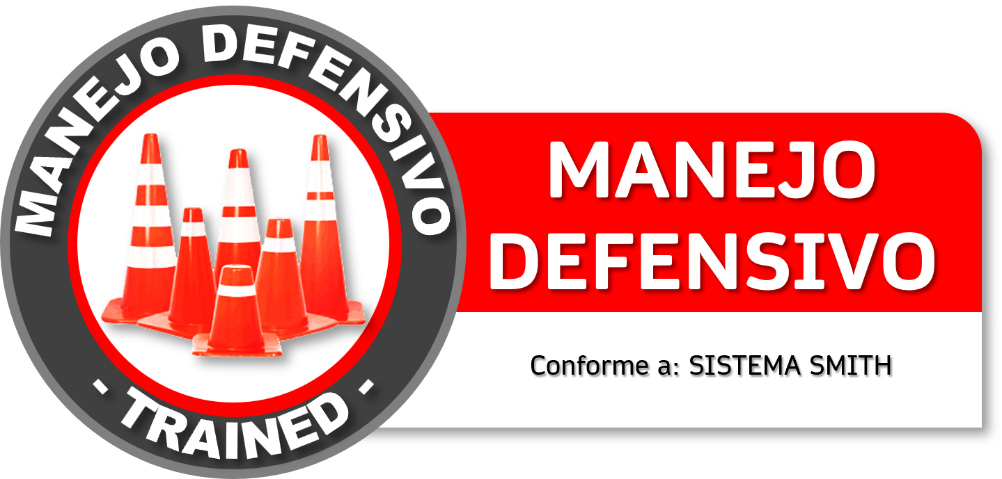 Etiqueta de entrenamiento de manejo defensivo con conos naranjas y texto en español. Curso GRETNER DC3