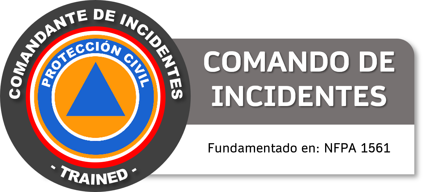 Una insignia 'Comando de Incidentes' y 'Protección Civil'. Incluye un logotipo circular con un triángulo azul en el centro, rodeado por un círculo azul con letras blancas y un borde exterior con colores naranja, blanco y rojo. Curso GRETNER con DC3