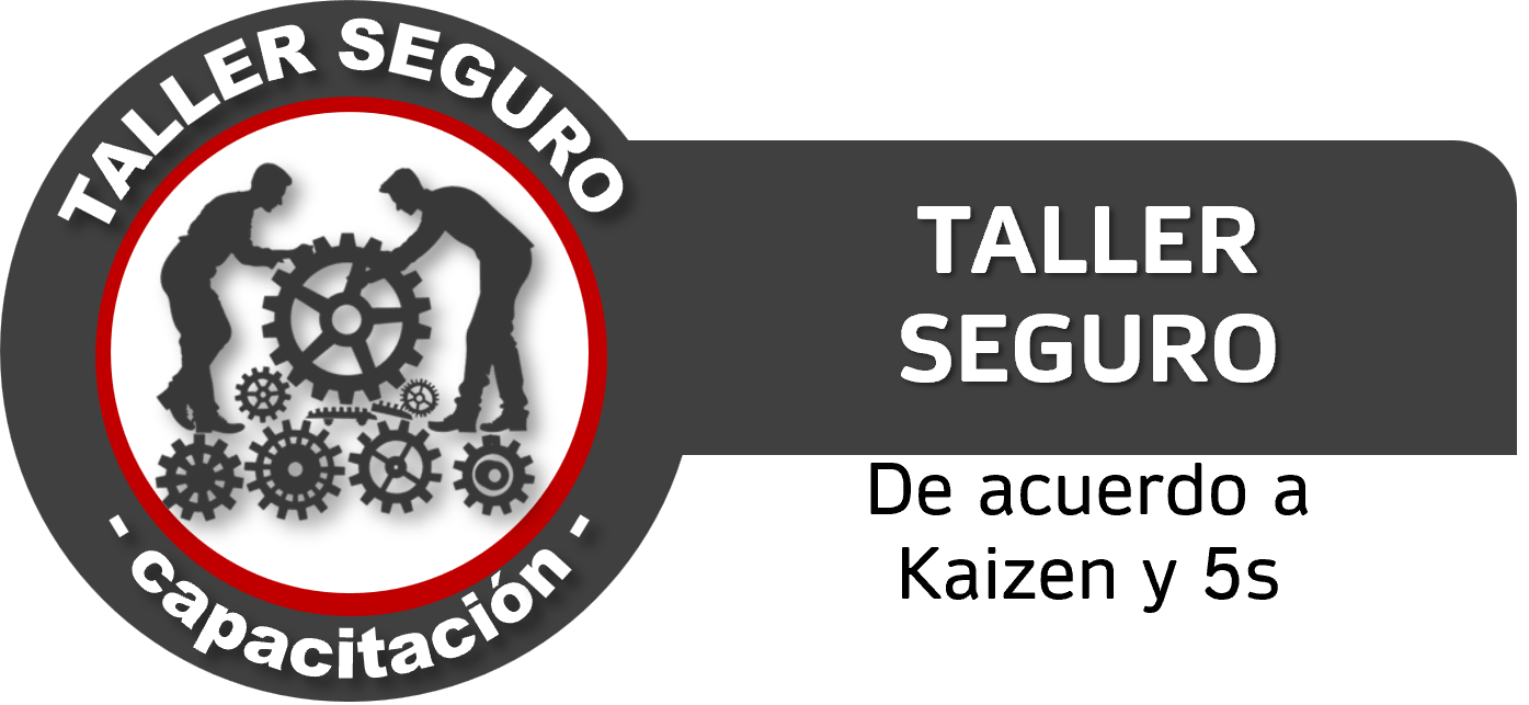 Logotipo con dos personas arreglando engranajes, rodeado por un círculo rojo y texto en español que dice 'Taller Seguro' y 'Capacitación', con un fondo gris oscuro y un mensaje que indica que el taller se realiza según Kaizen y 5S.