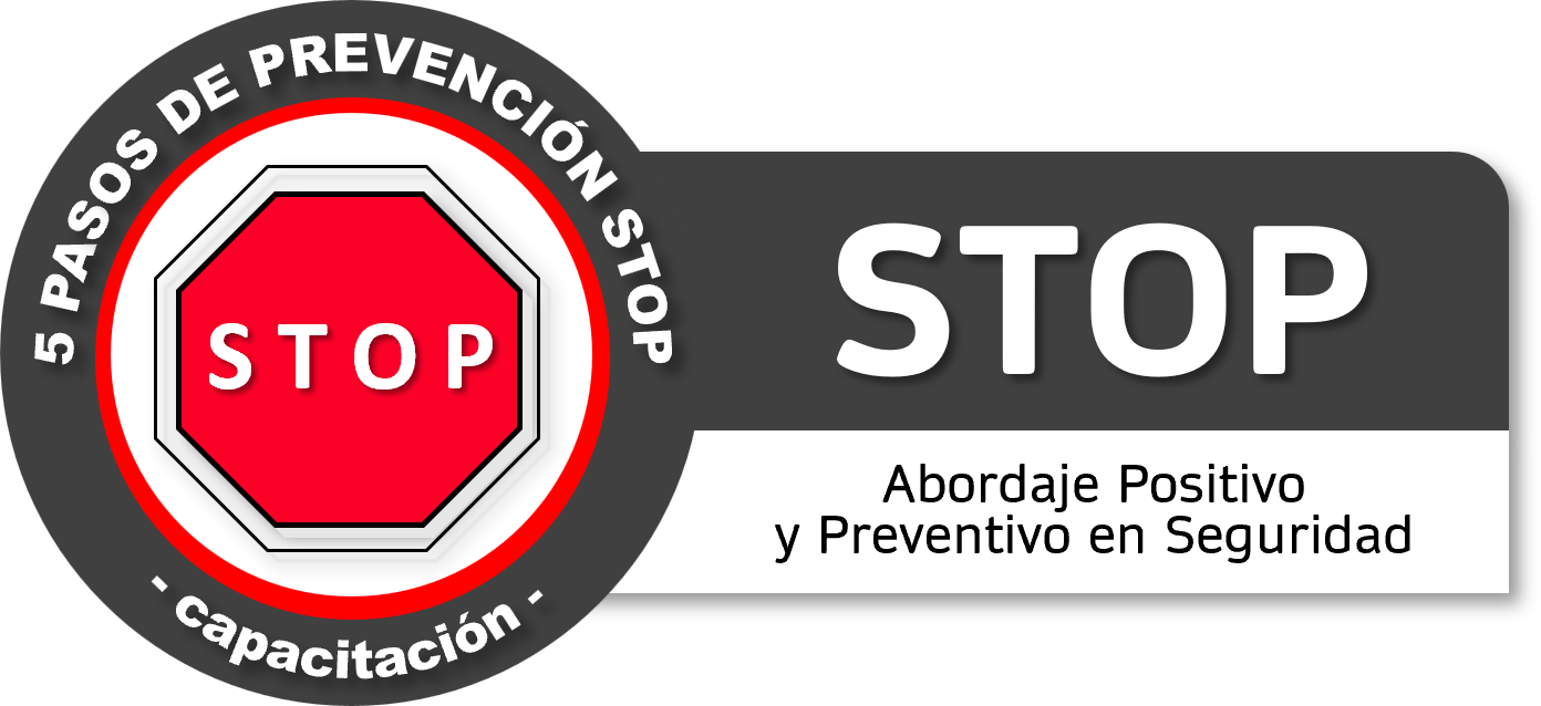 Un cartel de seguridad que dice 'STOP' y promociones de prevención de accidentes y capacitación en seguridad, con un fondo negro y un diseño llamativo en tonos de rojo, blanco y gris.