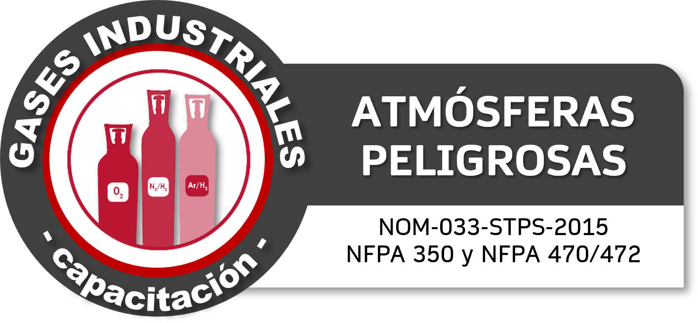 Etiqueta de advertencia sobre gases peligrosos, incluyendo oxígeno, nitrógeno, and argón, y normas de seguridad y capacitación.