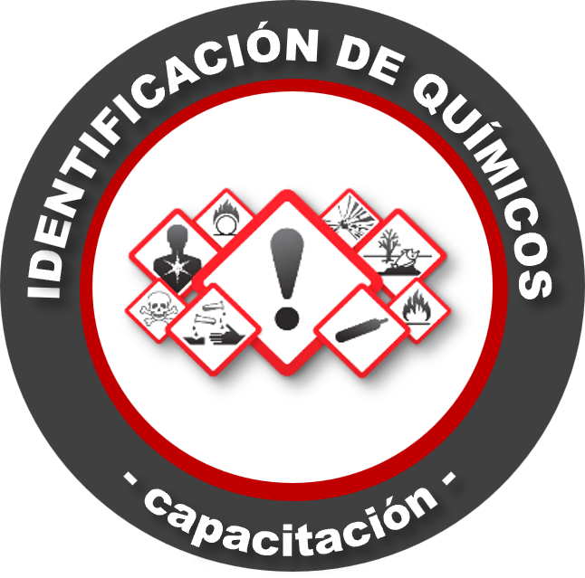 Logotipo de advertencia de productos químicos peligrosos con símbolos de riesgo y texto en inglés y español.