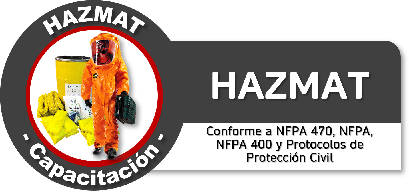 Equipamiento de protección contra materiales peligrosos con un traje naranja, casco con visera, guantes y accesorios de seguridad, junto a barriles y otros materiales de protección.