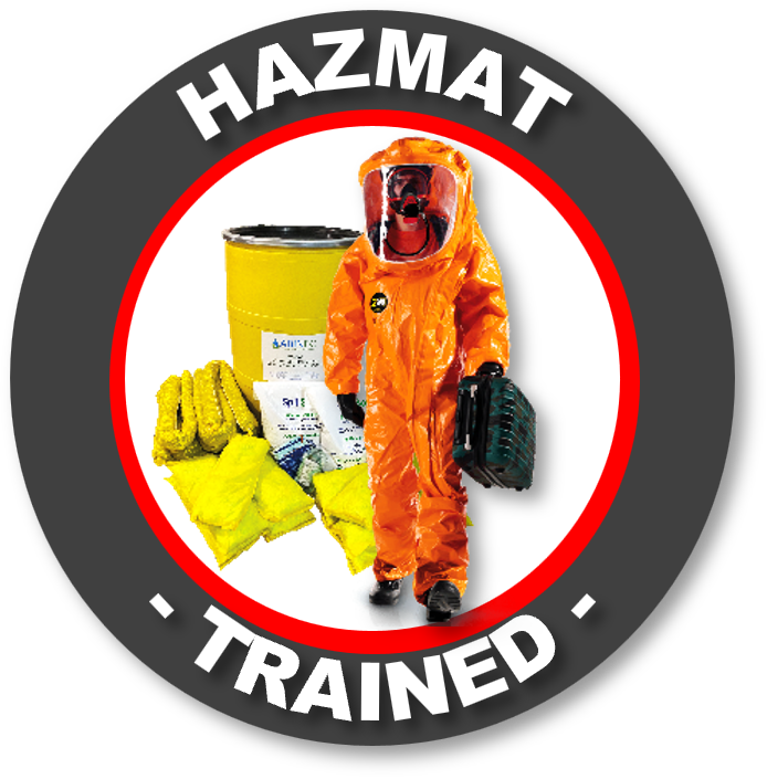 Símbolo de advertencia de sustancias peligrosas y entrenamiento en manejo de materiales peligrosos, incluyendo equipo de protección personal y materiales de capacitación.
