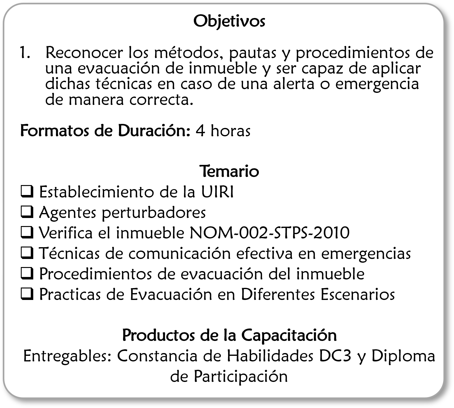 Texto en una hoja que explica los objetivos de un curso de evacuación de inmuebles, incluyendo temas y productos de la capacitación.