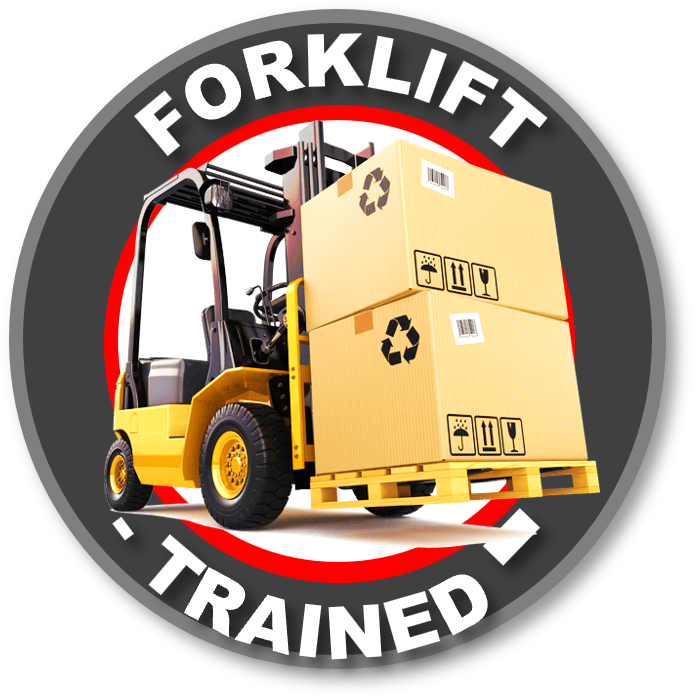 logo del curso de seguridad dc3 para montacargas: 'Forklift Trained'.