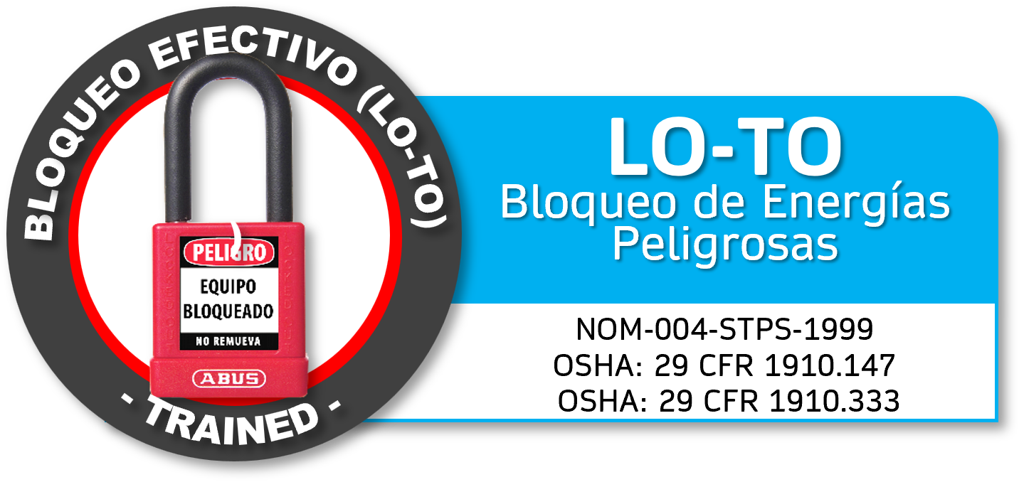Candado de bloqueo de energía peligroso de color rojo con marcas y texto en español que indica que está bloqueado, y una etiqueta que dice que está entrenado y que bloquea energías peligrosas.