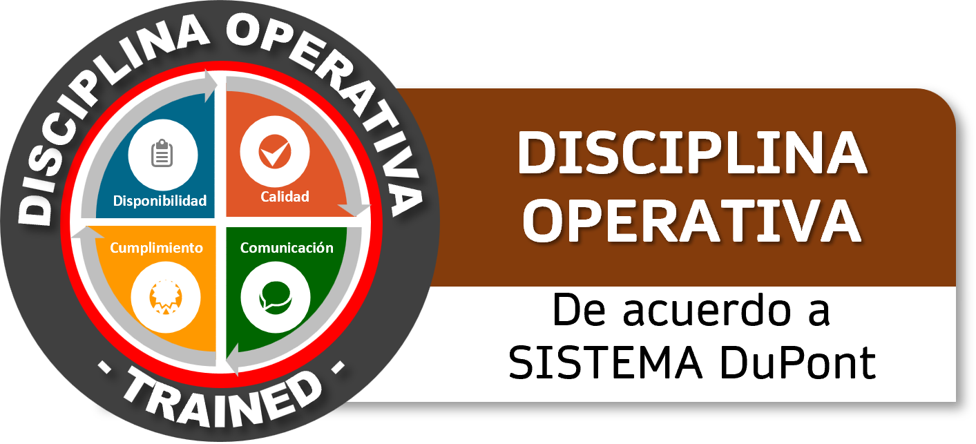 Logotipo con el texto 'Disciplina Operativa' y cuadrados con íconos y palabras: disponibilidad, calidad, comunicación y cumplimiento, en colores azul, naranja, verde y blanco, en un fondo con texto en español y sistema DuPont. Curso GRETNER DC3