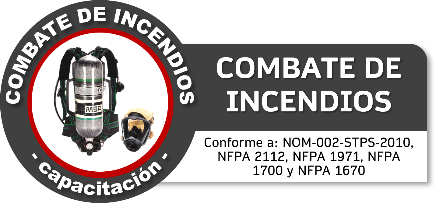 Etiqueta de advertencia para combate de incendios con un equipo de respiración en el centro, que incluye un cilindro de oxígeno y una máscara, en fondo gris oscuro con letras en blanco y negro.