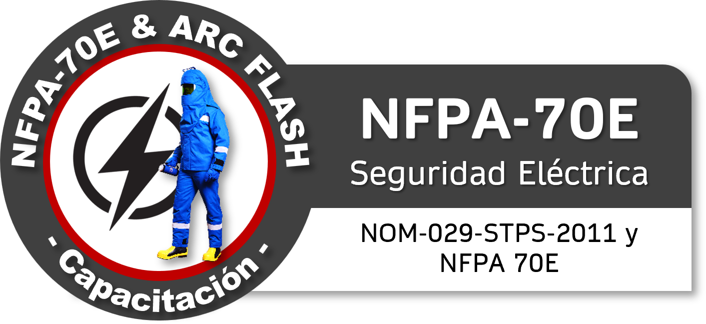 Etiqueta de certificación de seguridad eléctrica que muestra un círculo con un rayo, un uniforme azul, y texto que indica normas NFPA-70E y NFPA-70E, así como detalles del producto y capacitaciones.