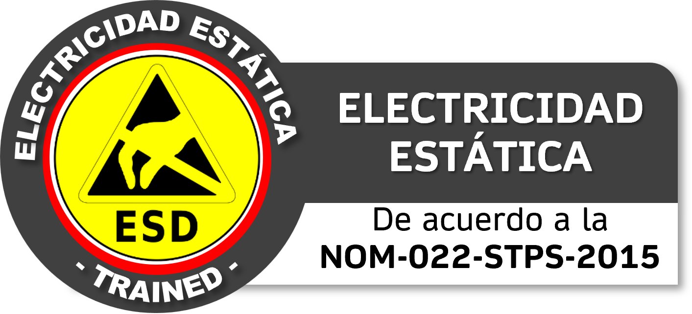 Aviso de electricidad-estática con símbolo de riesgo eléctrico y un animal (caballo) en un triángulo amarillo, con texto en español que indica conformidad con normas y que la persona está entrenada en electricidad estática. Curso GRETNER DC3