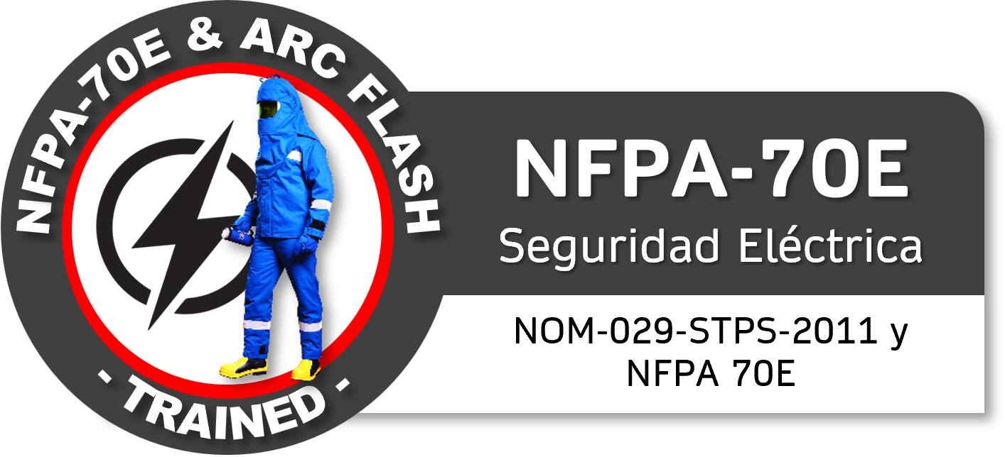 Etiqueta de seguridad eléctrica NFPA-70E con logo, un técnico con equipo de protección y texto en español