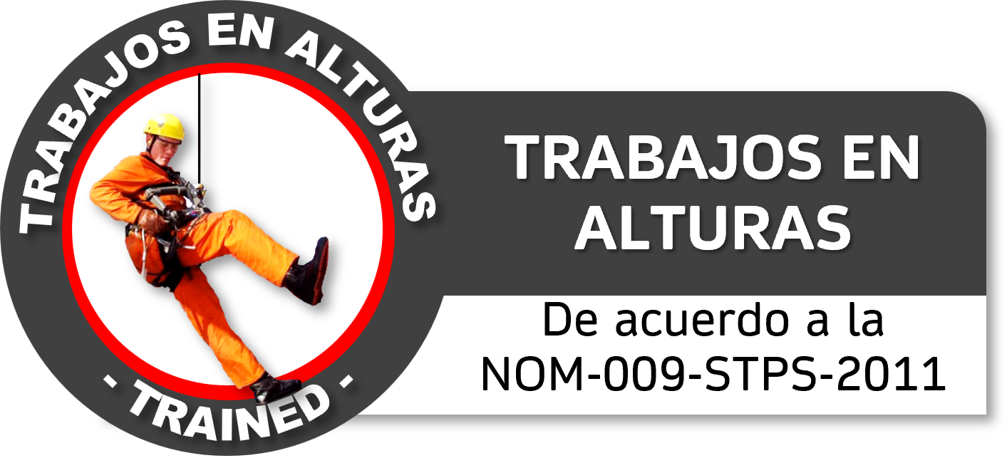 Cartel de advertencia sobre trabajos en alturas, con una persona usando equipo de protección y arnés, y texto en español que indica las regulaciones y normas de seguridad. Curso GRETNER DC3