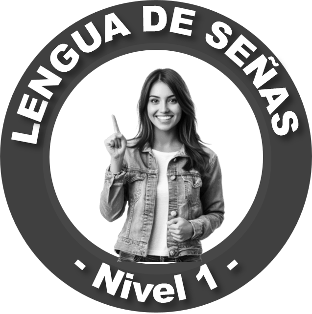 Mujer sonriente señalando hacia arriba, rodeada por un logotipo que dice "Lengua de Señas Nivel 1" en español.