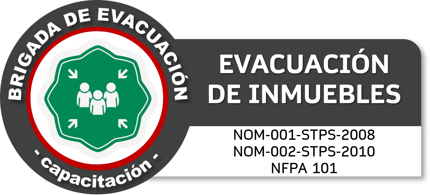 Sección de aviso de capacitación y normas sobre emergencia en edificios, con un logo que muestra tres figuras humanas y flechas apuntando en diferentes direcciones.