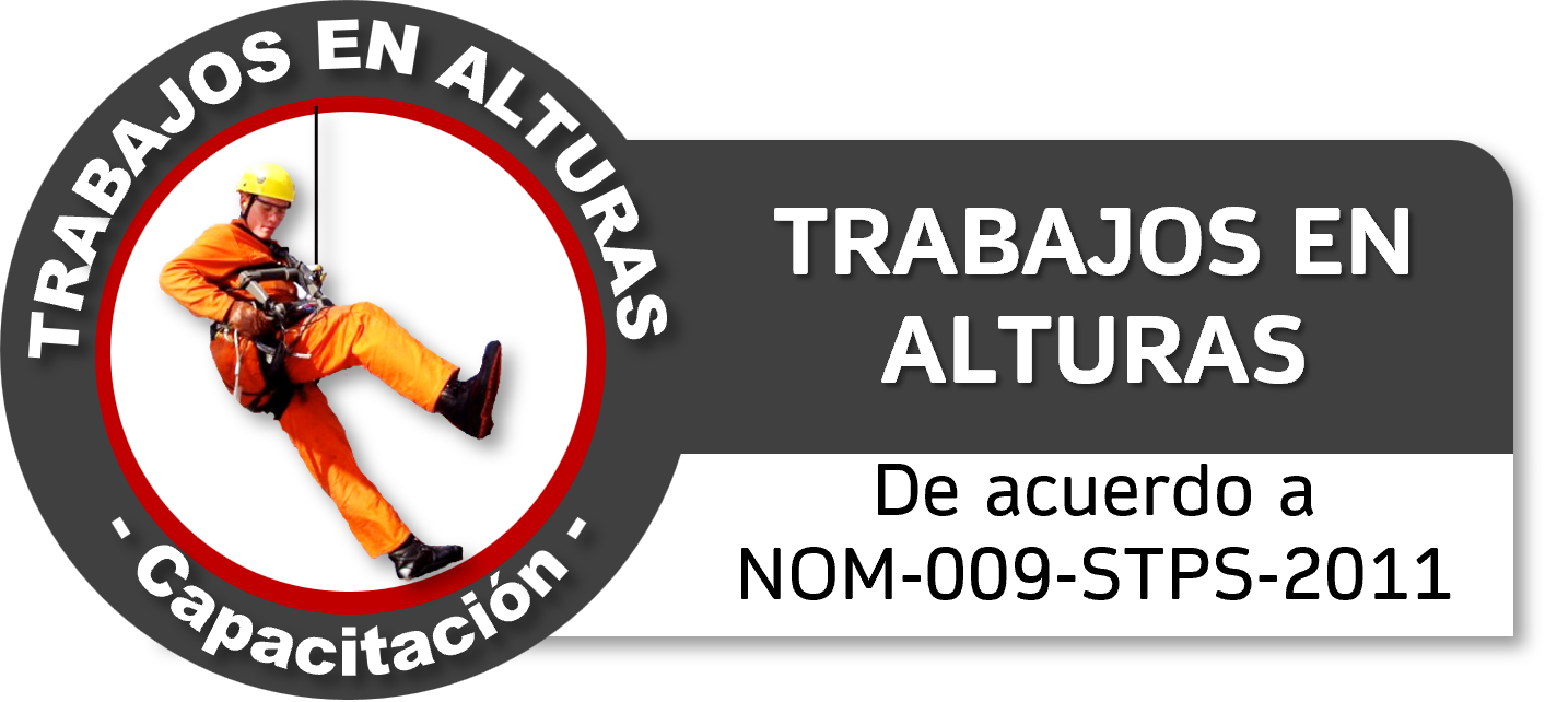 Se muestra un logo que indica trabajos en altura con un técnico en equipo de protección, vestido con un traje naranja y casco amarillo, durmiendo en una cuerda
