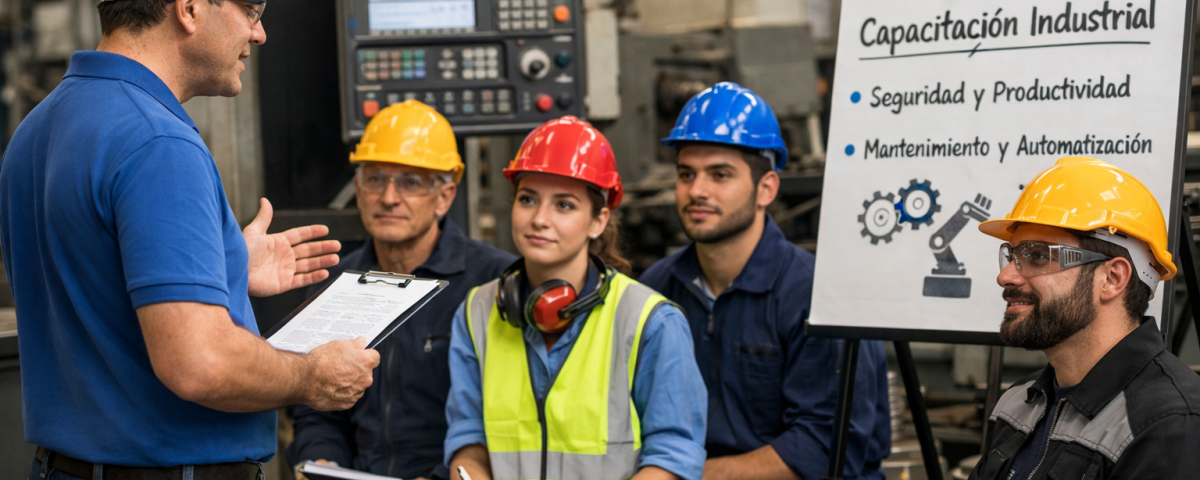 Un instructor explica temas de capacitación industrial a un grupo de trabajadores en una fábrica o planta industrial.