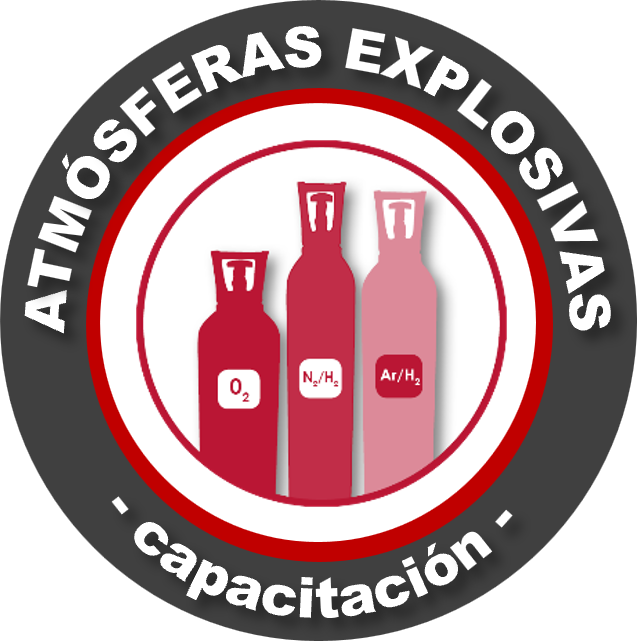 Logotipo de gases industriales y entrenamiento, con tres botellas de gases: oxígeno, nitrógeno e hidrógeno, y símbolos que representan cada gas.