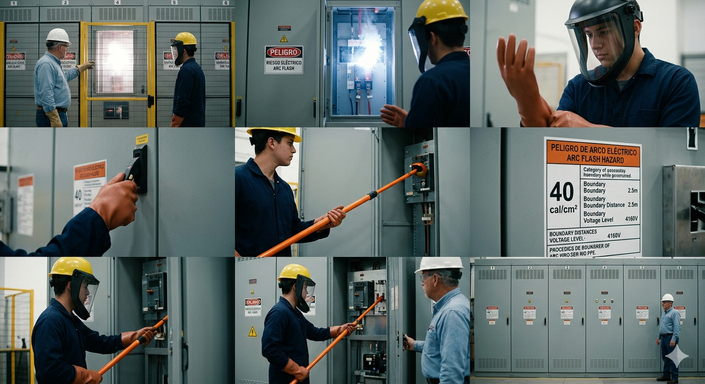 Trabajadores en una planta eléctrica revisando y manipulando equipos con equipo de protección, incluyendo cascos y guantes, en un entorno seguro y con señales de advertencia de peligro eléctrico.