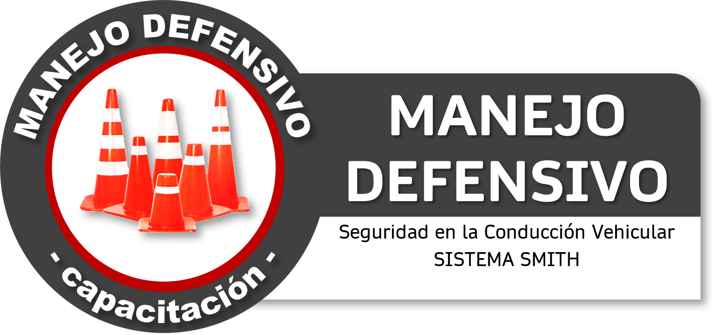 Seis conos de tránsito naranjas y blancos en forma de círculo internos en un fondo blanco con un borde rojo. Texto en español que dice "Manojo defensivo, gestión defensiva, seguridad en la conducción vehicular, sistema Smith."