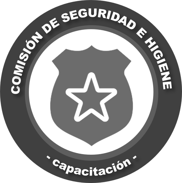 Logotipo de la Comisión de Seguridad e Higiene entrenada, con un escudo azul y una estrella blanca en el centro, rodeado por un círculo con borde rojo y fondo gris oscuro.