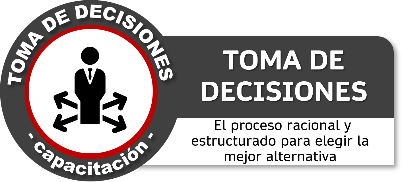 Logotipo de toma de decisiones con figura humana en el centro y flechas apuntando en diferentes direcciones, texto en español que dice 'Toma de decisiones', 'El proceso racional y estructurado para elegir la mejor alternativa'.