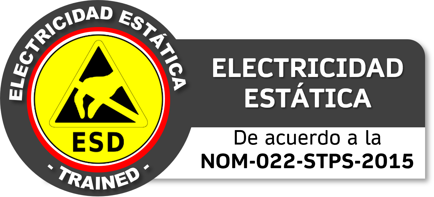 Aviso de electricidad estática con logotipo de advertencia indicando que la persona ha sido entrenada en normas de seguridad eléctrica según la NOM-022-STPS-2015.  Curso GRETNER DC3