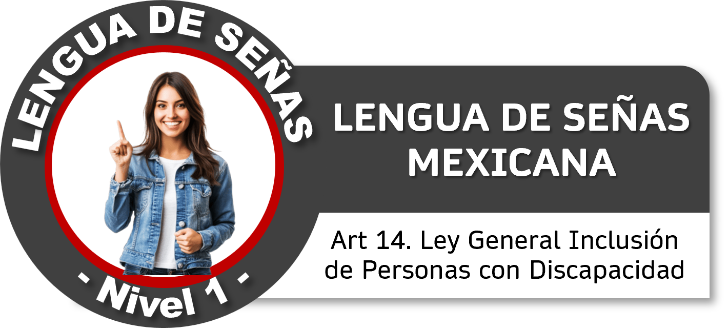 Una mujer joven con estilo casual, con blusa blanca y chaqueta de mezclilla, señalando con el dedo índice, en un fondo con texto que habla sobre la lengua de señas mexicana y la inclusión de personas con discapacidad.