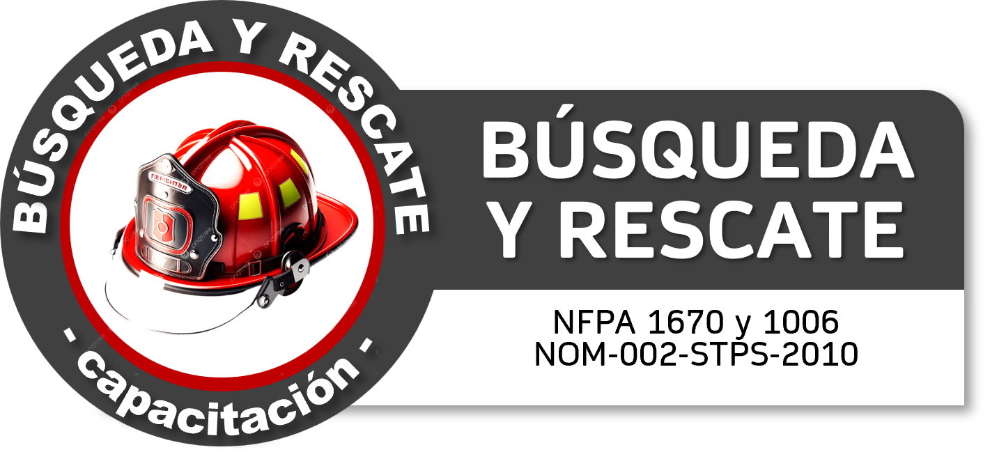 Sección de capacitación en búsqueda y rescate con un casco de bombero, linterna y equipo de seguridad, con texto en español sobre formación y normas.
