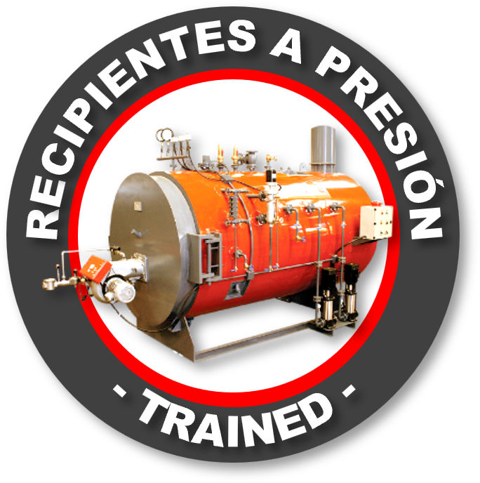 Etiqueta de advertencia que dice 'Respaldo a presión entrenado' y muestra una caldera industrial.