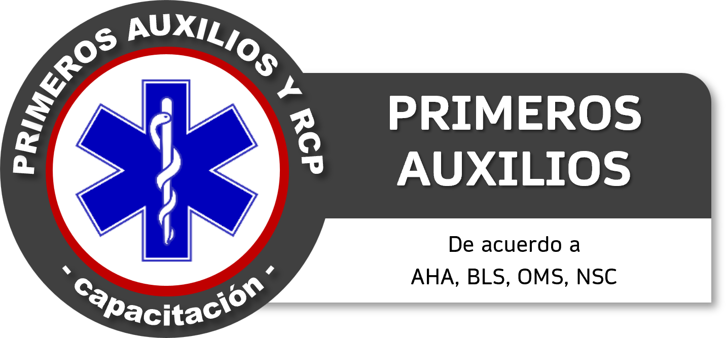 Etiqueta con símbolos y texto sobre primeros auxilios y capacitación, incluyendo el símbolo de la estrella de David con una serpiente y un bastón en el centro, y textos en español relacionados con primeros auxilios y formación.