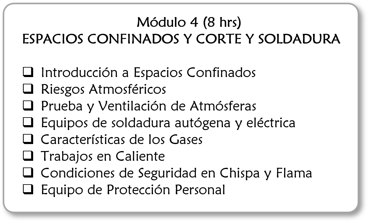 Diapositiva de curso sobre espacios confinados y soldadura, incluyendo temas como introducción, riesgos atmosféricos, ventilación, equipos, gases, trabajos en caliente, seguridad, protección personal.