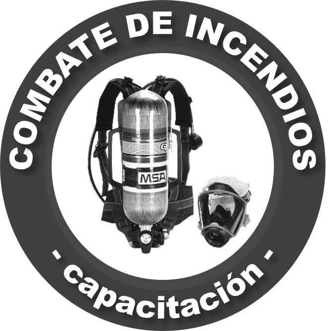 Equipo de protección contra incendios, incluyendo un rociador de respiración, un casco y gafas de protección, con texto en francés e inglés que dice 'Combate de Incendios' y 'Trained'. DC3