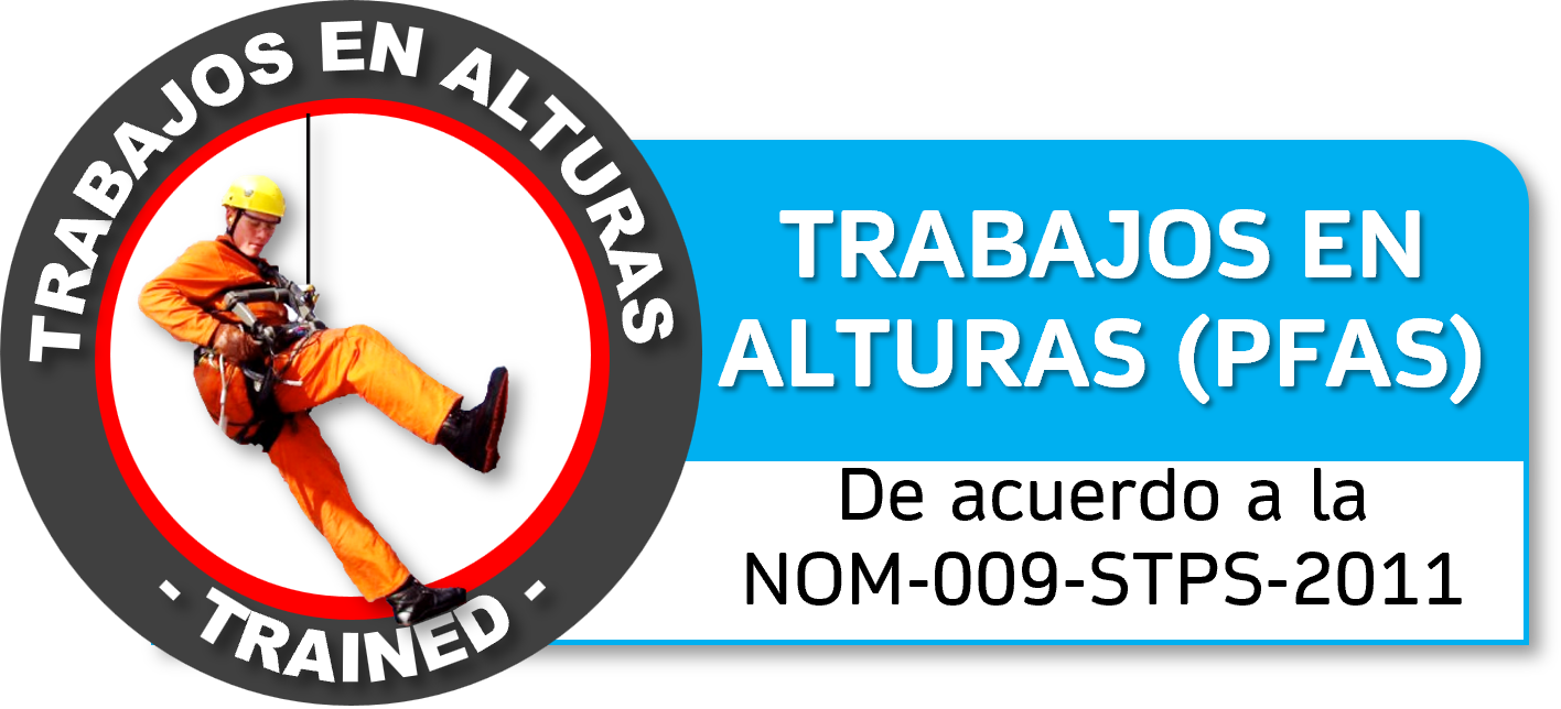 Etiqueta que indica trabajos en alturas certificado según la norma NOM-009-STPS-2011, con un símbolo de trabajador en arnés y casco de seguridad