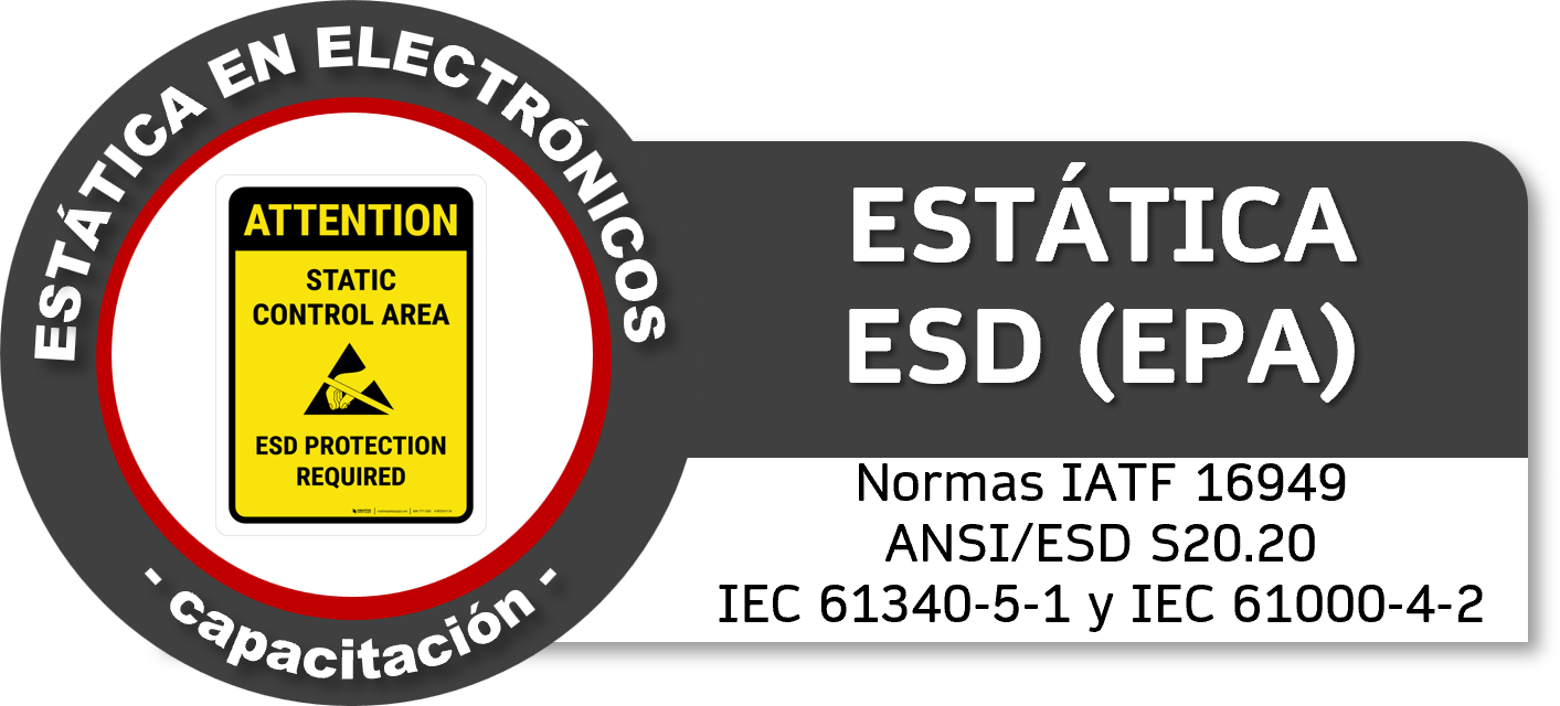 Señal de advertencia en un panel que indica la necesidad de protección ESD en un área de control estático, con normas internacionales como IATF 16949 y ANSI/ESD S20.20.