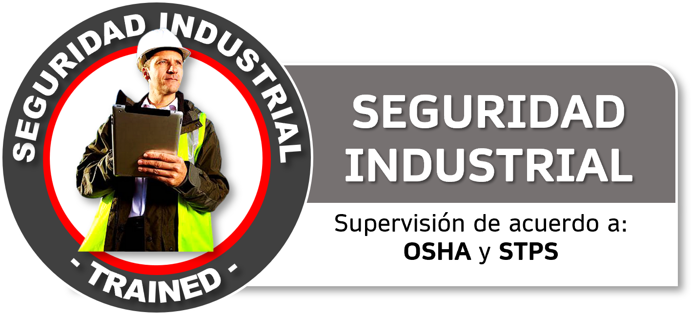 Logotipo de seguridad industrial con un trabajador con casco y chaleco reflectante, supervisando en un entorno industrial, con texto que indica supervisión conforme a OSHA y STPS. Curso GRETNER DC3