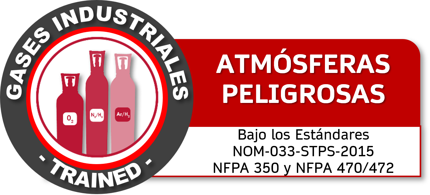 Símbolo que indica gases industriales peligrosos con el texto 'GASES INDUSTRIALES TRAINED', y advertencia 'ATMÓSFERAS PELIGROSAS', además de información sobre normas y estándares.  Curso GRETNER DC3