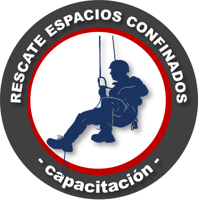 Logo circular con un hombre escalador con casco y arnés, sentado en una cuerda, con la frase 'Rescate en espacios confinados - Trained' en español y en inglés alrededor.