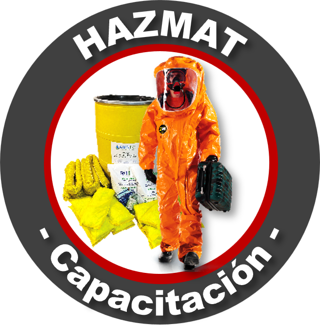 Símbolo de advertencia de sustancias peligrosas y entrenamiento en manejo de materiales peligrosos, incluyendo equipo de protección personal y materiales de capacitación.