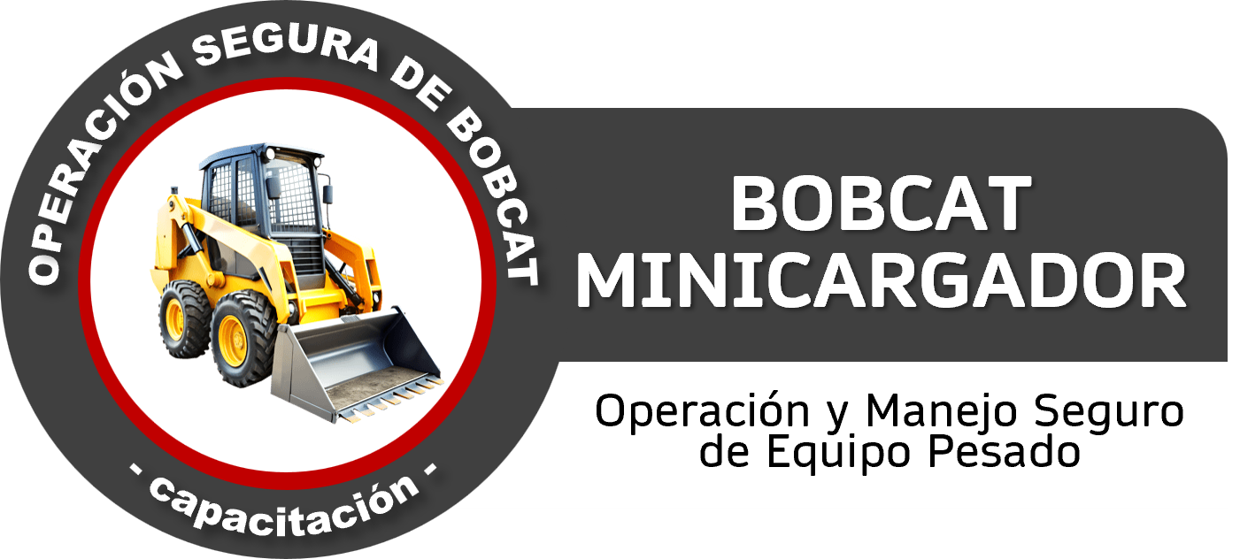 Lema con una excavadora compactadora en el centro, rodeada por un círculo y texto en español que dice "OPERATORIA SEGURA DE BOBCAT - CAPACITACIÓN" y el curso "BOBCAT MINICARGADOR - Operación y Manejo Seguro de Equipo Pesado".